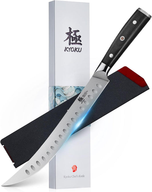 KYOKU 10" Scimitar Knife, Samurai Series Cimitar Breaking Knife with Pakkawood Handle, Japanese High Carbon Steel Butcher