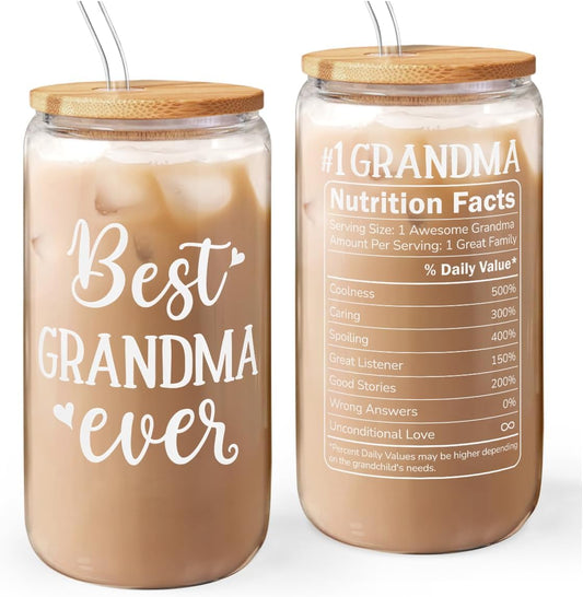 Grandma 16 Oz Can Glass Tumbler with Bamboo Lid and Straw - Iced Coffee Cups for Women, Aesthetic Glass Cup Gift for