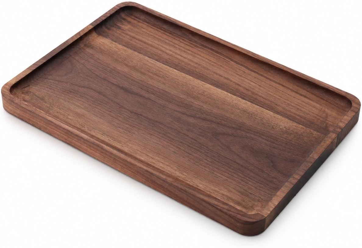 Walnut Wood Serving Tray, 13.4 x 9 Inch Rectangular Platter with Raised Rim
