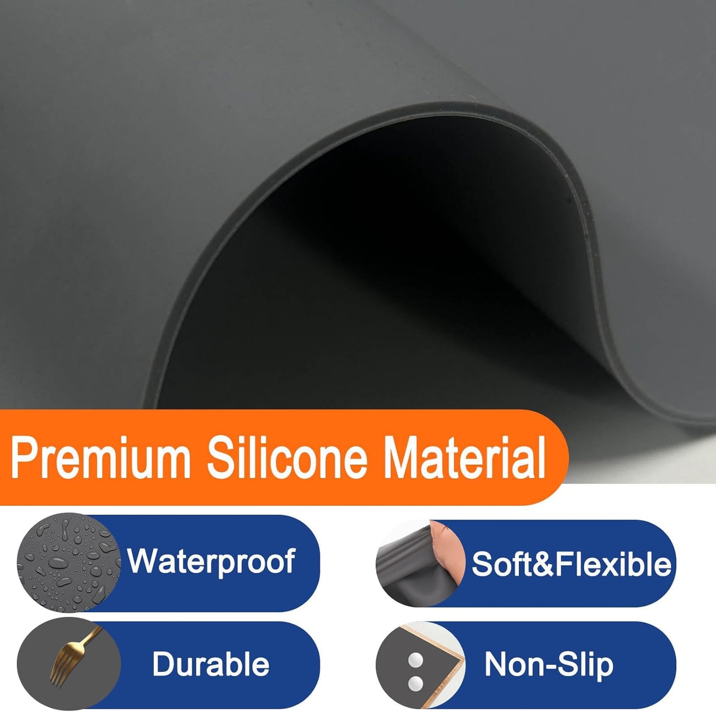 49.2''x15.7''(125cmx40cm) Extra Large Silicone Mat, Silicone Mats for Kitchen Counter, Heat Resistant Mats, Kitchen Island Countertop Protector, Waterproof Placemat, Dark Gray