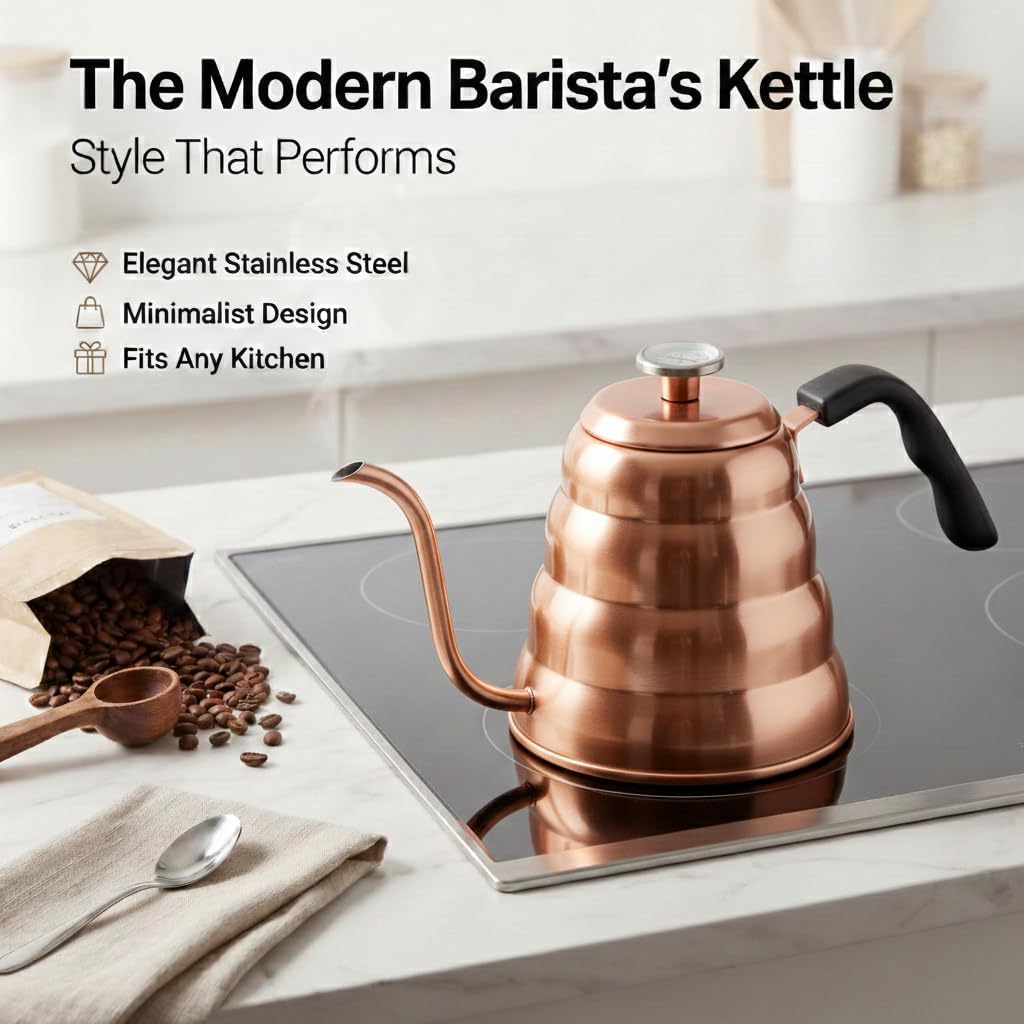 Barista Warrior Gooseneck Kettle with Thermometer - 1.2L Pour Over Coffee &amp; Tea Kettle, Copper Coated Stainless Steel Gooseneck Kettle Pot, Precision Pour Drip Spout, Suitable for All-Stoves (40 floz)