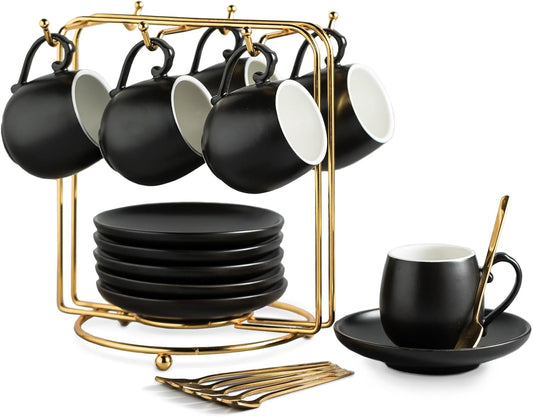 LYEOBOH Espresso Cups and Saucers Set, Ceramic Coffee Cup 3 Ounces Small Demitasse Cups Espresso Mugs with Spoons & Metal
