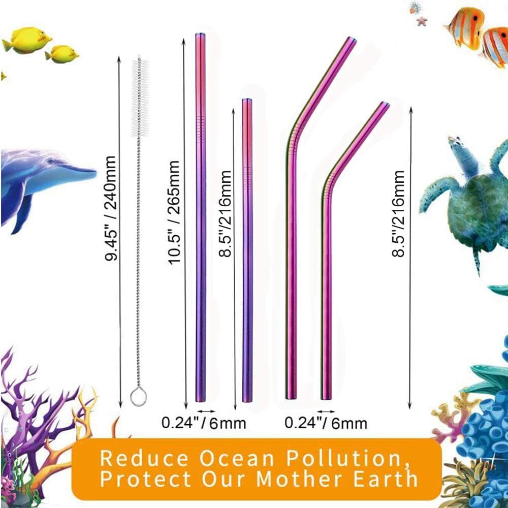 VEHHE Rainbow Stainless Steel Straws, 8 Pack, Cleaning Brush, 20 oz
