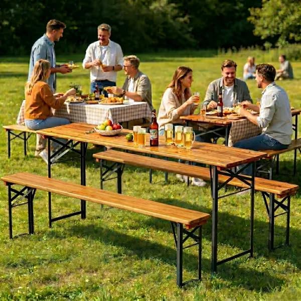 AVAWING 5.8FT 3-Piece Portable Picnic Table Bench Set, 6-8 Person Folding Wooden Dining Table Set，70" Patio Beer Table f