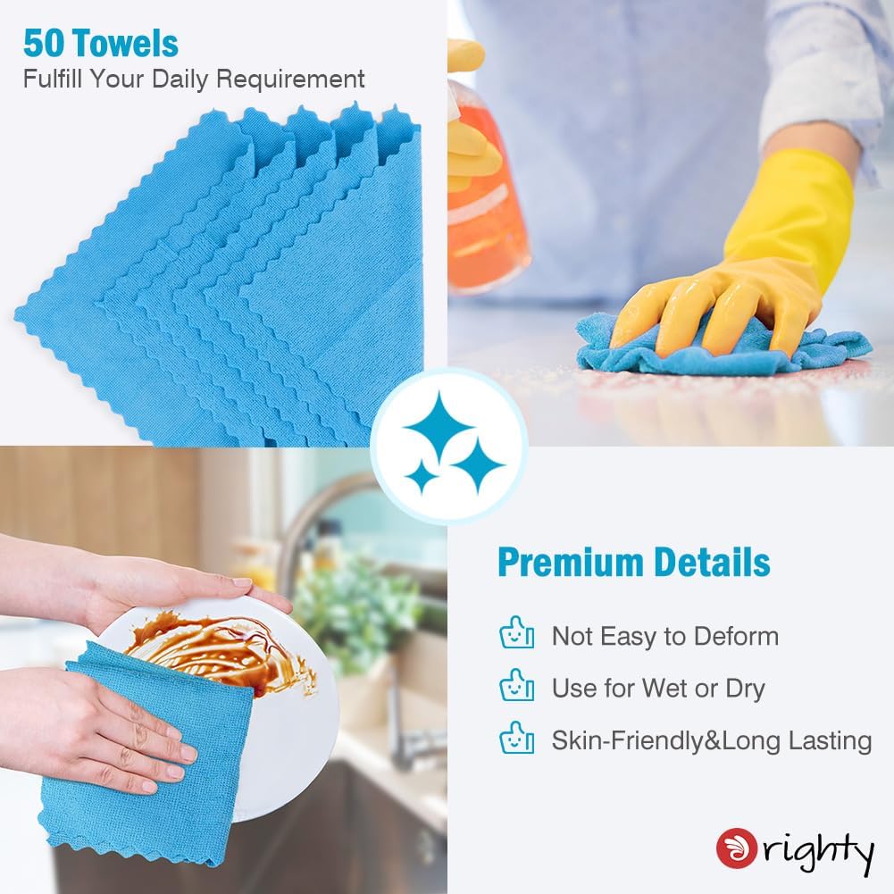Orighty Microfiber Cleaning Cloth Bulk, 50 Pack Shop Towels 12x12 in, Blue