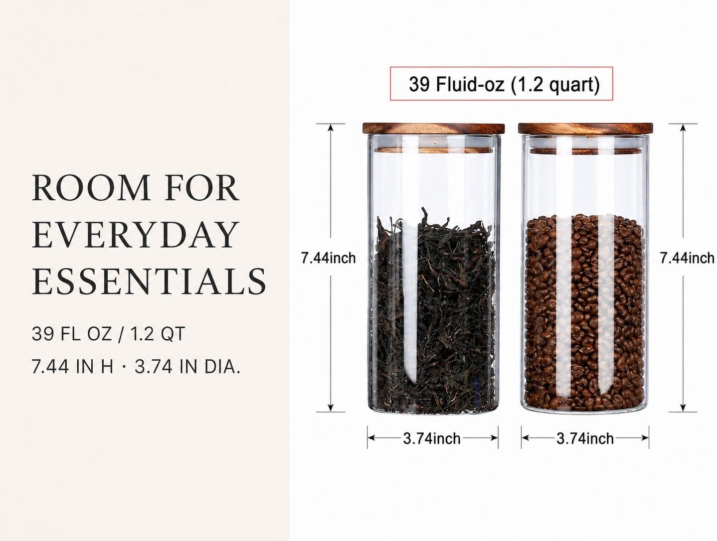 KKC HOME ACCENTS Glass Canister for Coffee Bean &amp; Tea, 39 oz Jar with Lid