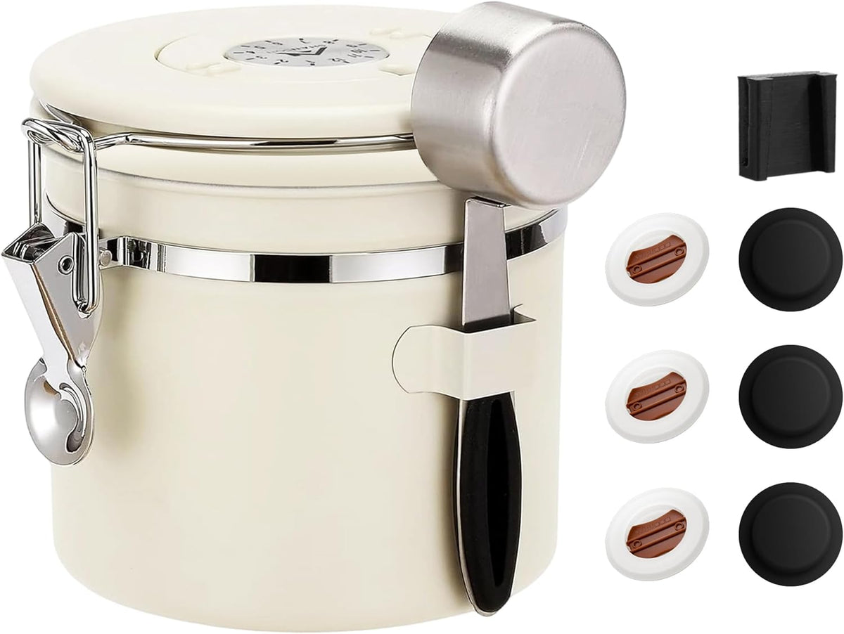 ShanSon Coffee Canister Airtight Coffee Container Stainless Steel Coffee Bean Storage Container with Scoop Coffee Canister for Beans Grounds Sugar Flour Tea Cereal,11OZ,Beige