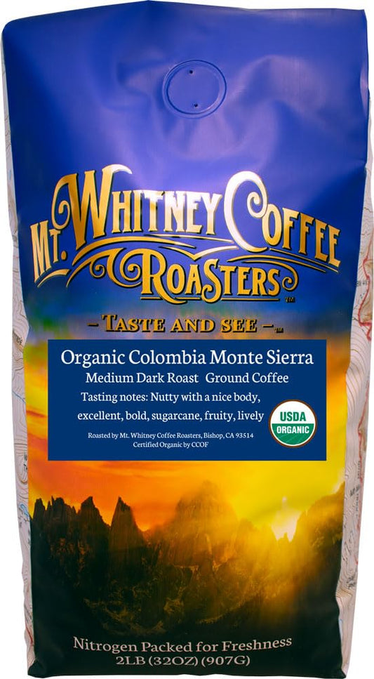 Mt. Whitney Colombia Monte Sierra Organic, Single Origin, Medium Dark Roast, Smooth Full Flavored, Low Acid Coffee (Ground,