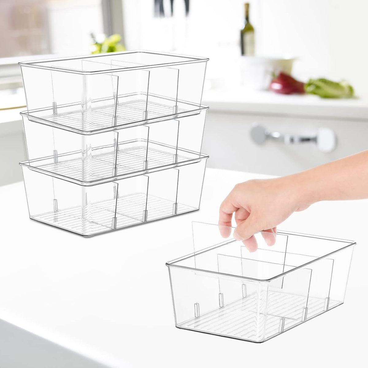 wilfox Pantry Organizer, 7 Pack Clear Organizer Bins with Removable Dividers, Pantry Organizers and Storage, Fridge Organizer and Cabinet Organizer for Snack, Pouches, Spice Packets