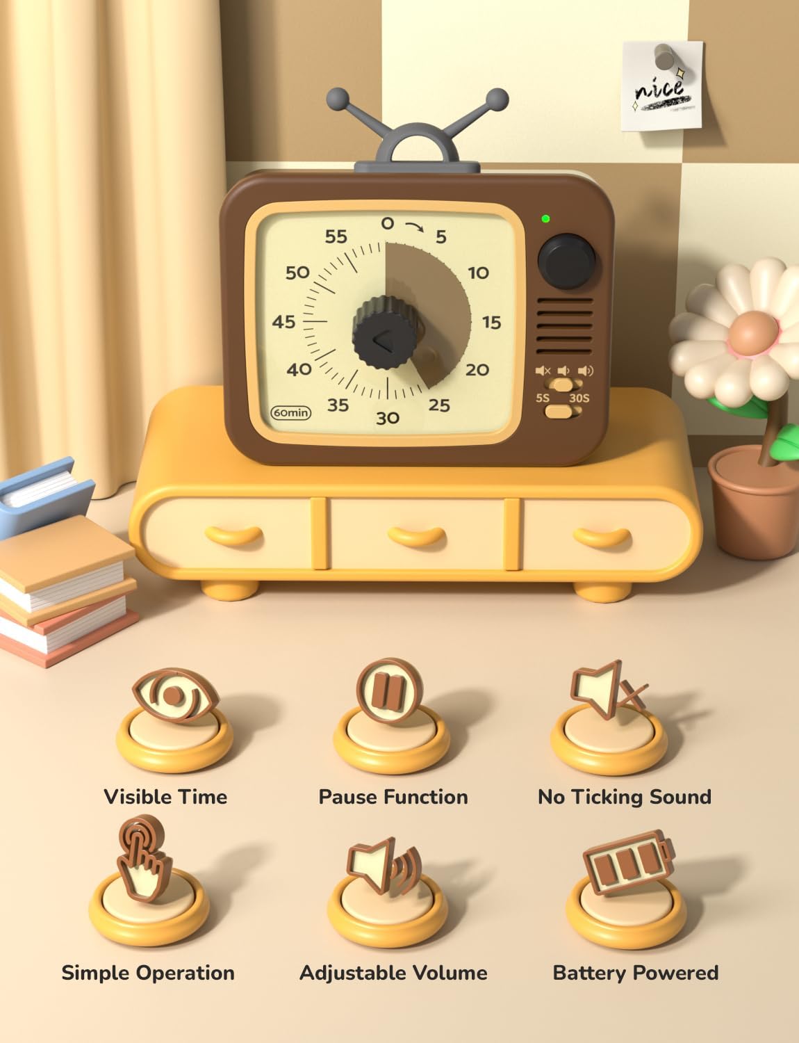 LIORQUE Visual Timer for Kids with Pause, 60 Minute Countdown Timer, Brown | Non-Ticking, 3 Volume Levels, Back Magnetic, Two Ringing Durations, Light Indicator, for Classroom Kitchen Office ADHD
