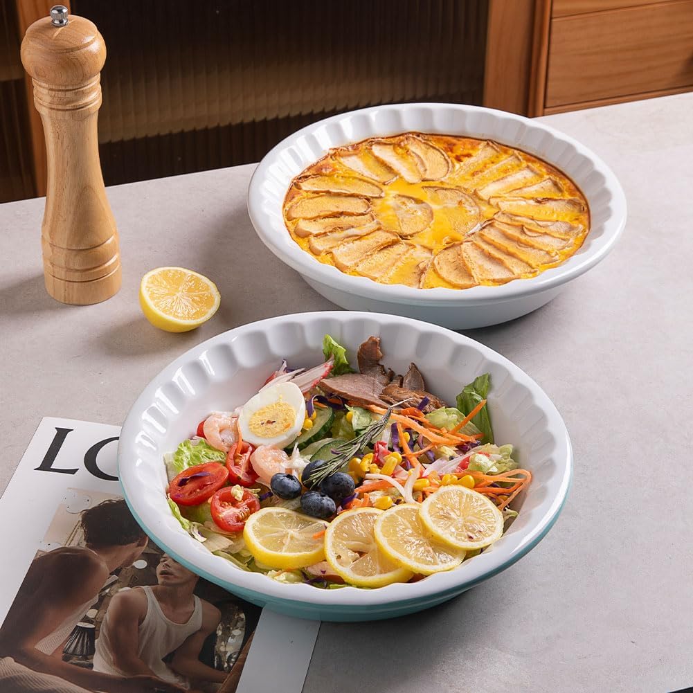 Sweejar Ceramic 10.4 Inches Pie Pan for Baking, Deep and Fluted Porcelain Round Pie Dish, Non-Stick Pie Plate for Pumpkin Pie, Apple Pie, Pie Pots with Morden Farmhouse Design (Blue &amp; Yellow)