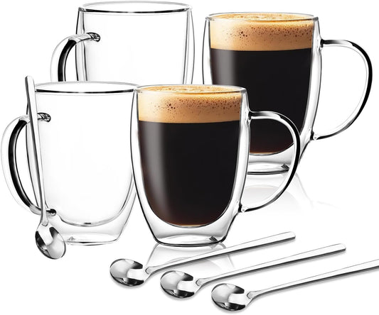 Double Wall Glass Coffee Mugs 12 OZ, Clear Coffee Cup With Handle,Insulated Coffee Mugs Set of 4 With Spoons Perfect for