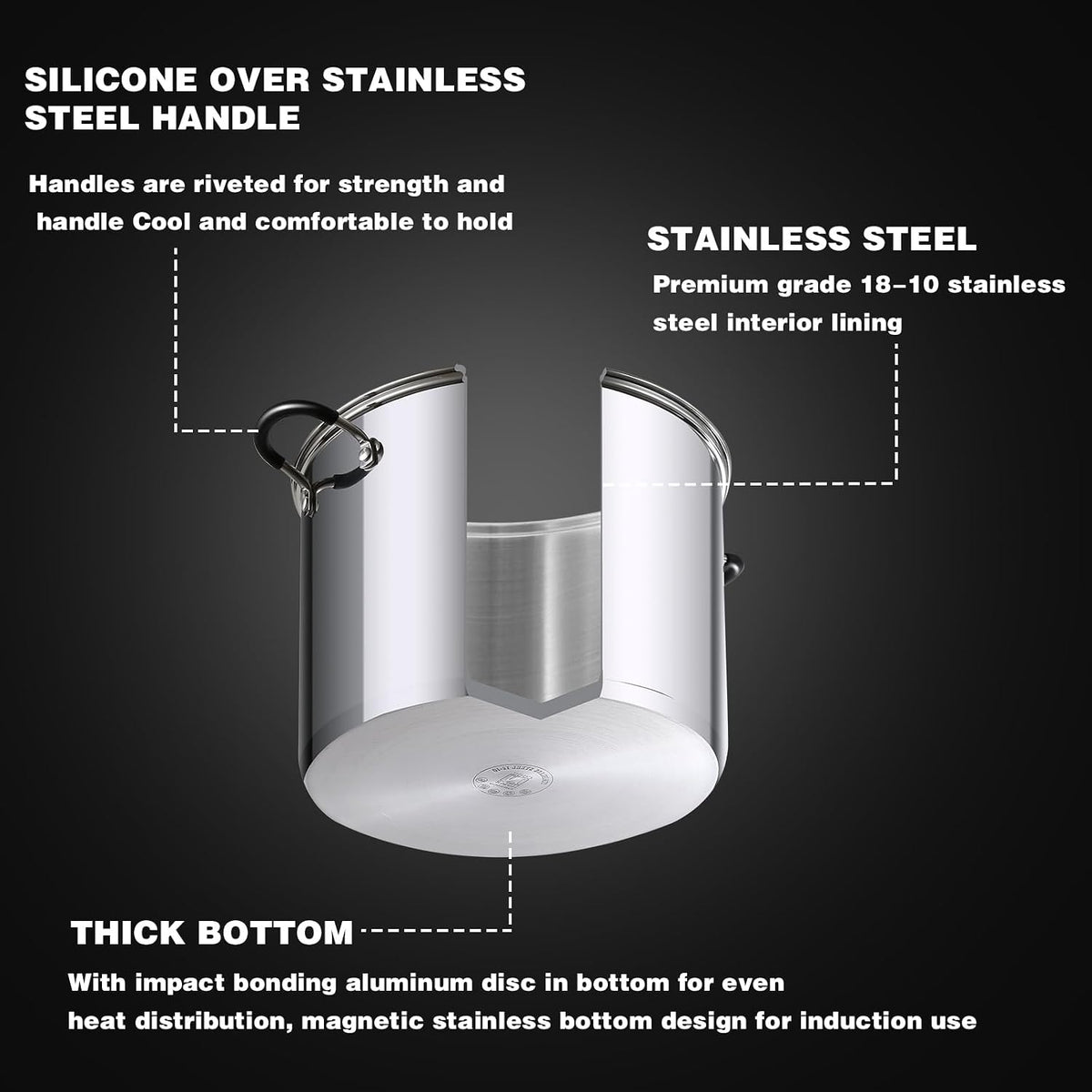 Cook N Home Stockpot Large pot Sauce Pot Induction Pot With Lid Professional Stainless Steel 20 Quart, with Stay-Cool Handles, silver