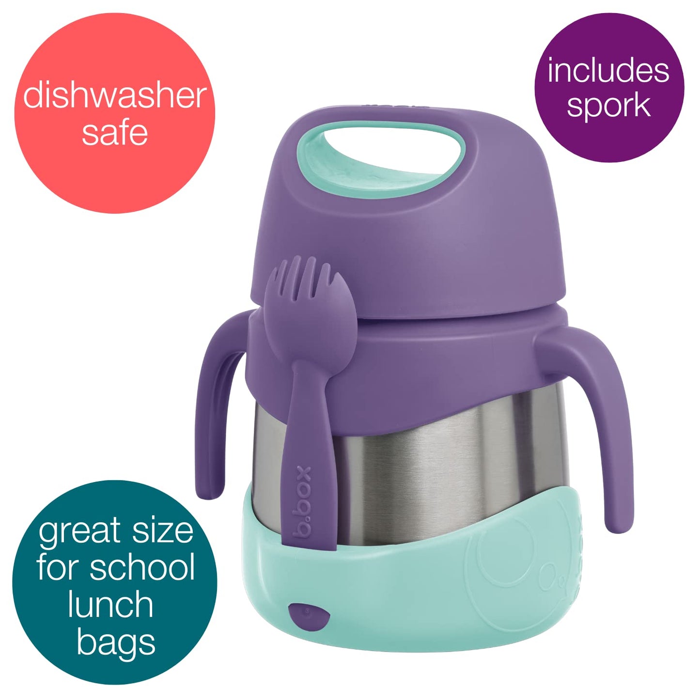 b.box Insulated Food Jar with Spork, 11 oz Lunch Containers for Kids | Stainless Steel Lunch Box for Kids, Food Containers, Warm 5 Hours, Easy Open, Dishwasher Safe, BPA Free — Lilac Pop