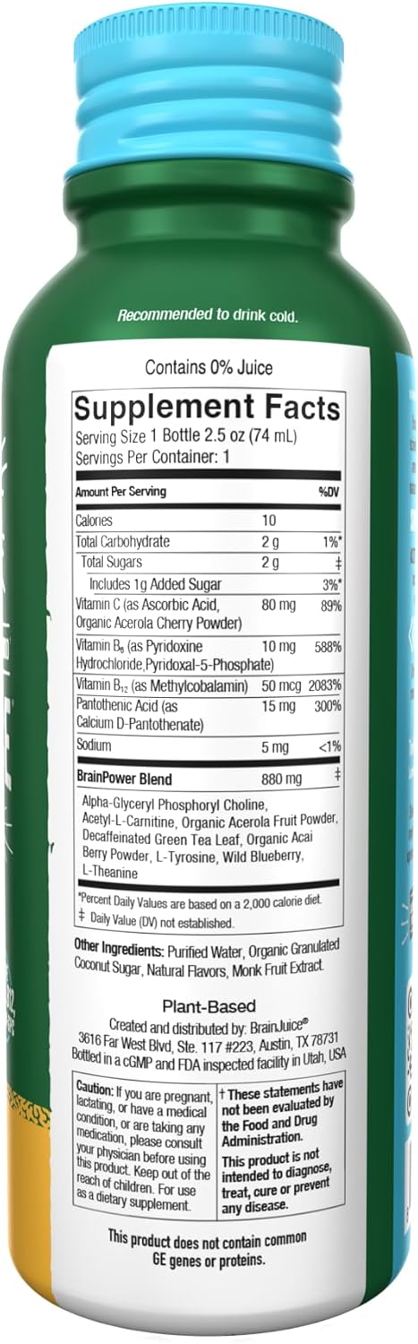 BrainJuice Decaf Peach Mango Nootropic Supplement Shot, 2.5 fl oz, 12 Pack