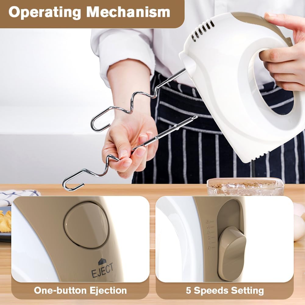 5-Speed Electric Hand Mixer with Whisk, Traditional Beaters, 120 Watts,Portable &amp; Lightweight, Blending or Cooking White
