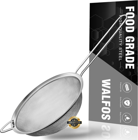 Walfos 4.7 Inch Fine Mesh Strainer, Premium Stainless Steel Colanders and Sifters, with Reinforced Frame and Sturdy Handle,