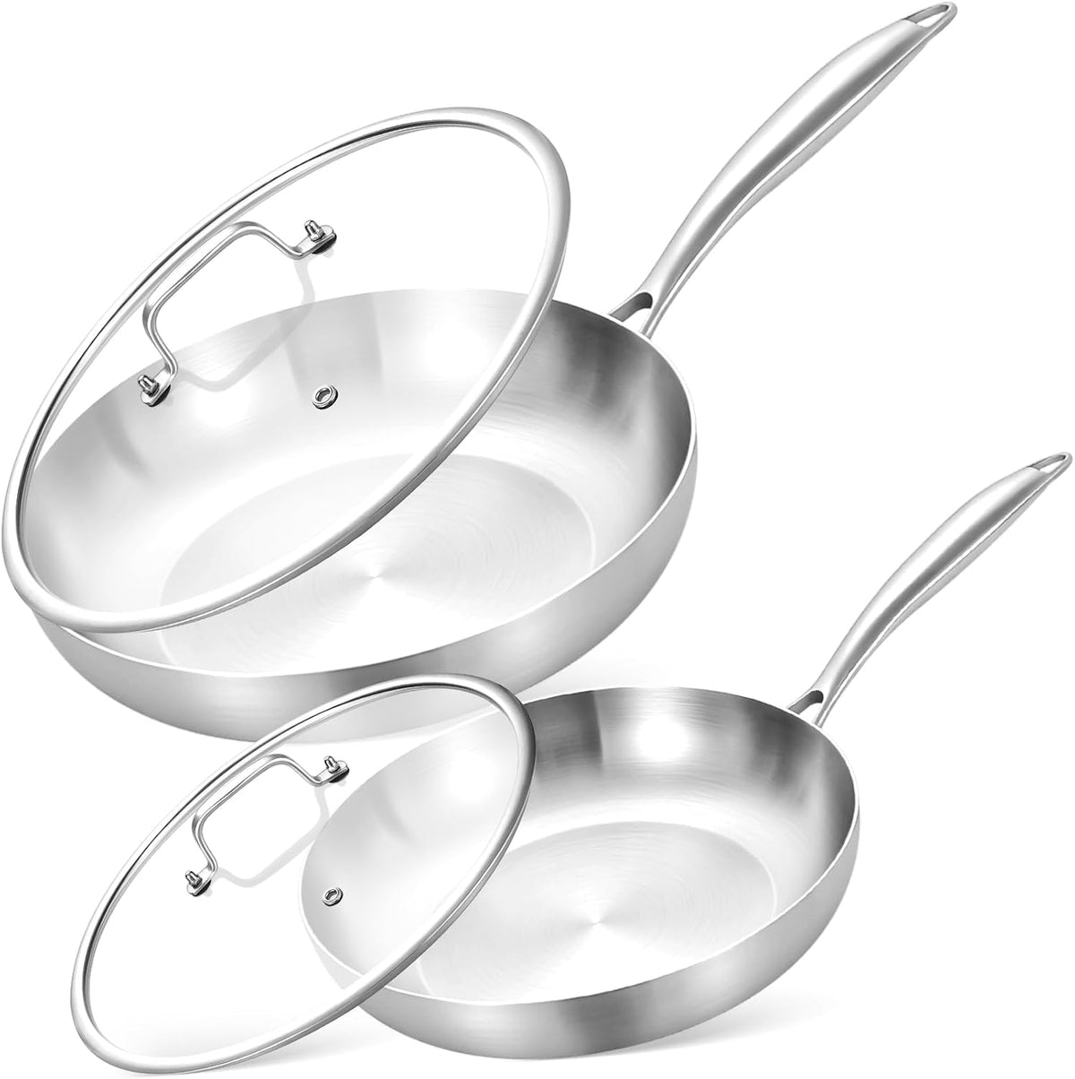 Inqibee 8.5-12 Inch Tri-Ply Stainless Steel Frying Pans Set with Lids,Skillets,Induction Cooking Pans,Pots and Pans Set,Dishwasher and Oven Safe,Detachable Handle