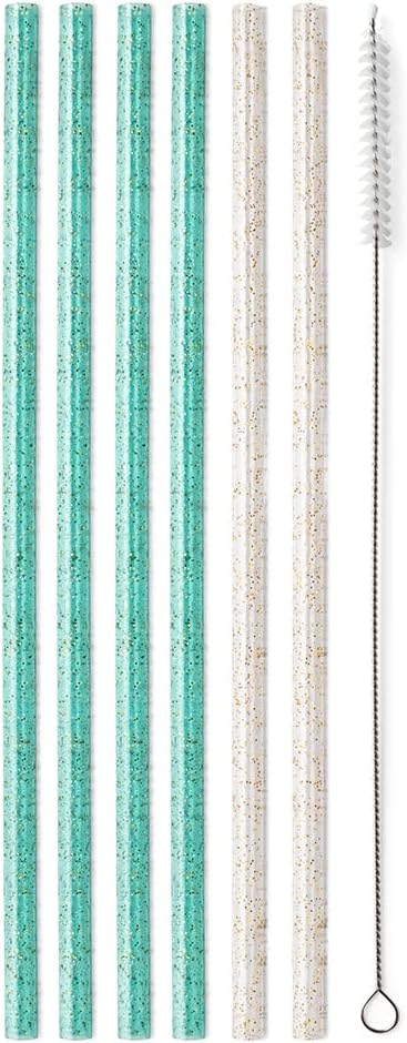 Swig Life Reusable Straws Glitter Clear + Aqua Tall Straw Set & Cleaning Brush, Each Straw is 10.25 