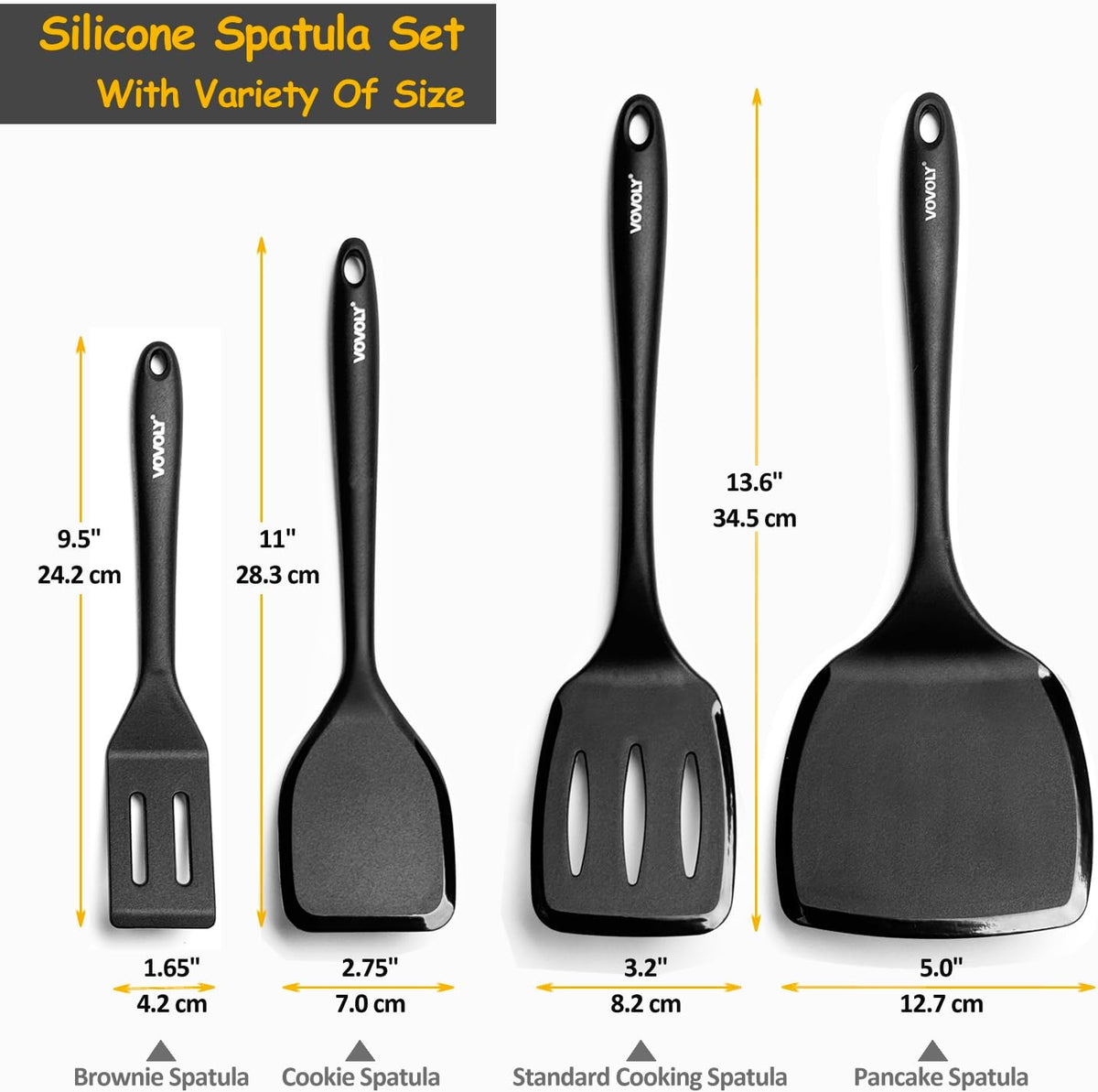 Silicone Spatula Set, 600°F Heat Resistant Silicone Spatula Turner Flipper for Cooking, Non Stick and Non Scratch Kitchen Utensils for Eggs &amp; Pancakes, 4 Pack, Black