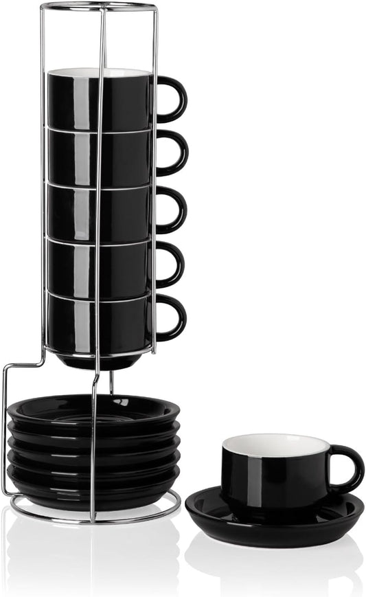 Sweejar Ceramic Espresso Cups Set of 6, Espresso Cup Stackable, 4 Oz Stackable Cappuccino Cups with Saucers and Metal Stand