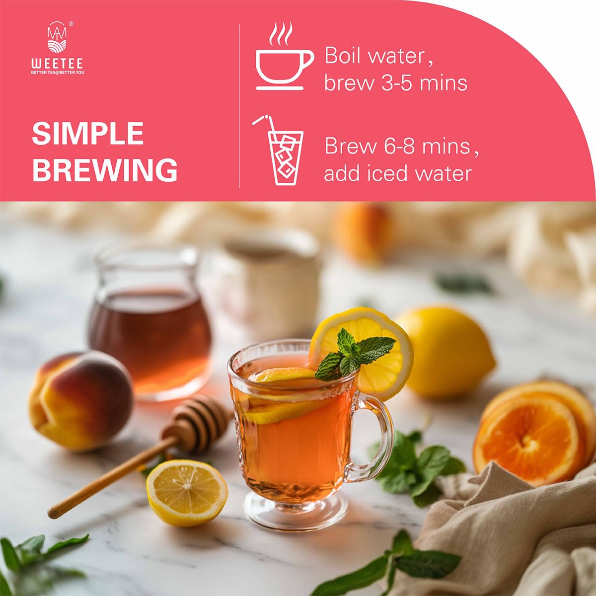 WT WEETEE Peach Herbal Tea Bags 100 Count, Bright, Juicy &amp; Fruity Infusion | Caffeine-Free Blend with Real Rose Hip, Orange Peel, Chamomile &amp; Natural Peach Flavor, Daily Wellness Tea for Hot or Iced