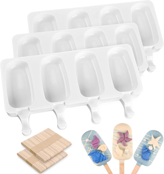 Sakolla Small Popsicle Silicone Molds, 4 Cavities Homemade Ice Cream Molds with 100 Wooden Sticks for Ice Pop, Cakesicles,