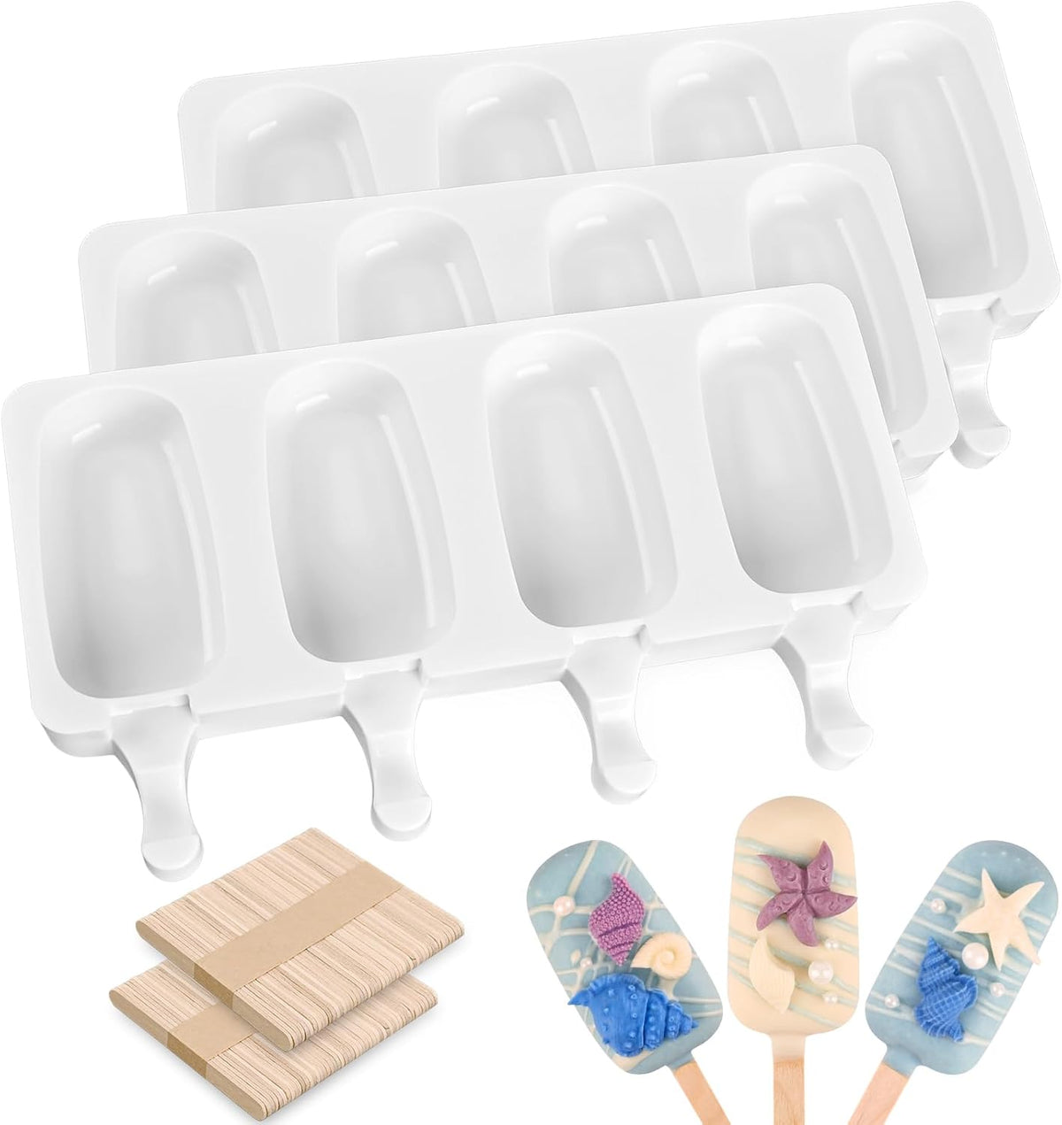 3 Pcs 4 Cavity Mini Popsicle Silicone Molds with 100 Wooden Sticks | Food Grade Silicone, Easy to Use, Oval Homemade Ice Cream Molds for Ice Pop, Cakesicles, Cake Pop