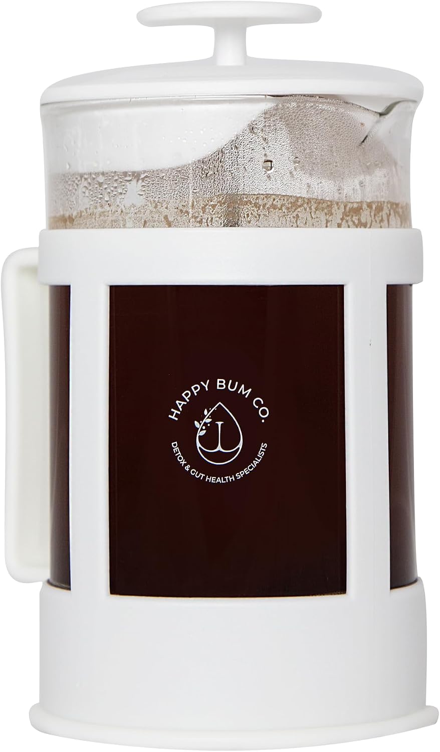 Happy Bum Coffee Plunger, 1L Glass French Press with Steel Strainer | 1L glass French press with a stainless steel strainer, designed for convenient coffee brewing and storage.