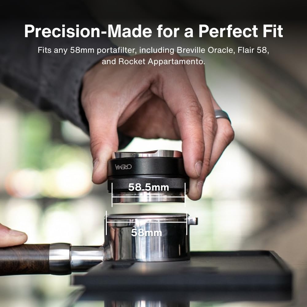 CREMA Coffee Products 58.5mm Hand Tamper &amp; Distributor | Compatible with any 58mm | Double-Sided, Adjustable Depth Tool | Made with Durable 304 Stainless Steel | Black