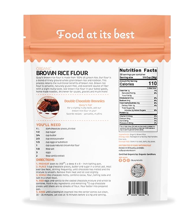 Quay Naturals Organic Brown Rice Flour Superfine 2 lb – Gluten Free, Non‑GMO, Whole Grain, Vegan Baking Flour, Stone Ground All Purpose Flour