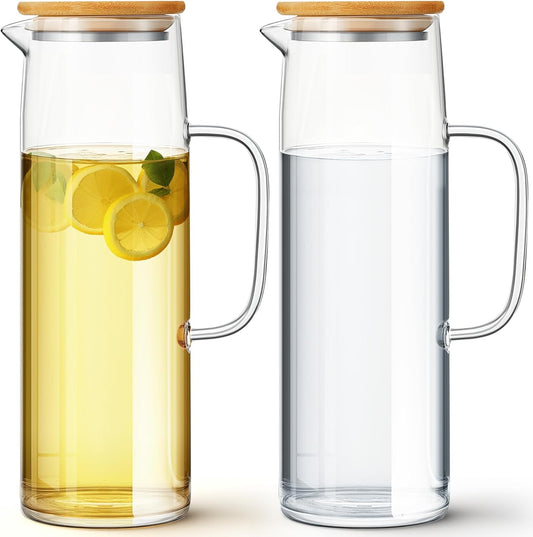 Hsei 2 Sets Glass Pitcher with Lid, 50 oz / 1500 ml Water Carafe with Handles Hot Cold Beverage Water Jar Glass Jug for Tea