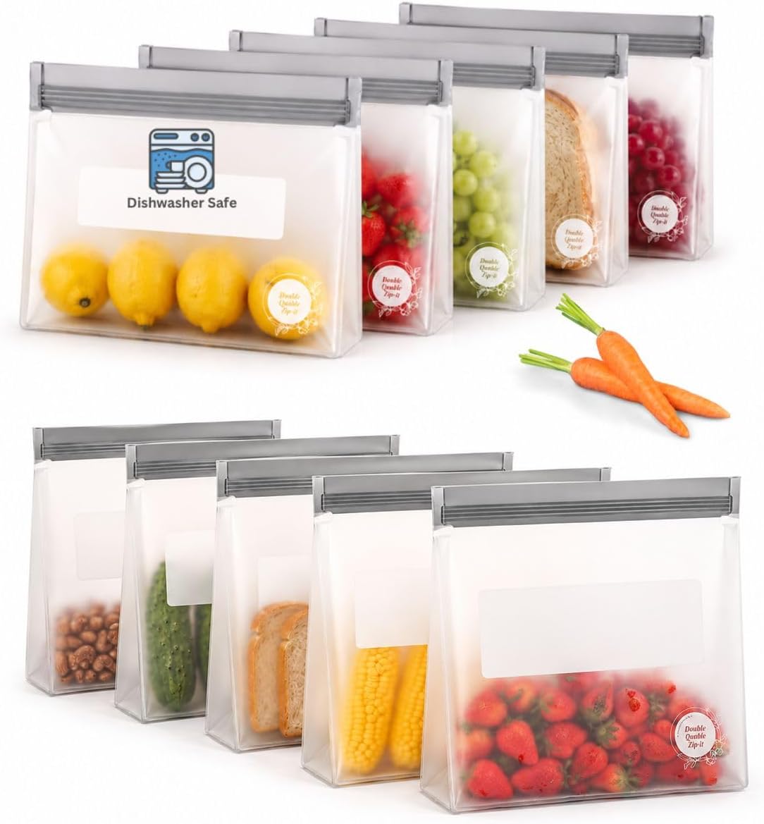Reusable Silicone Food Storage Bags – 10-Pack Stand-Up, BPA-Free, Freezer, Dishwasher Safe & Eco-Friendly – 5 Gl, 5 L Bags – Airtight Leakproof Silicone Ziplock Bags for Kitchen Storage (Grey)