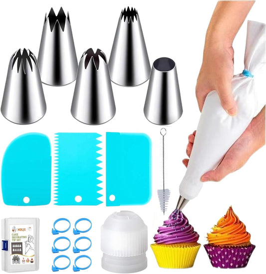 17 Pcs Extra Large Piping Tips,Stainless Steel Frosting Piping Kit,Professional Pastry Tips,Reusable Piping Bags and