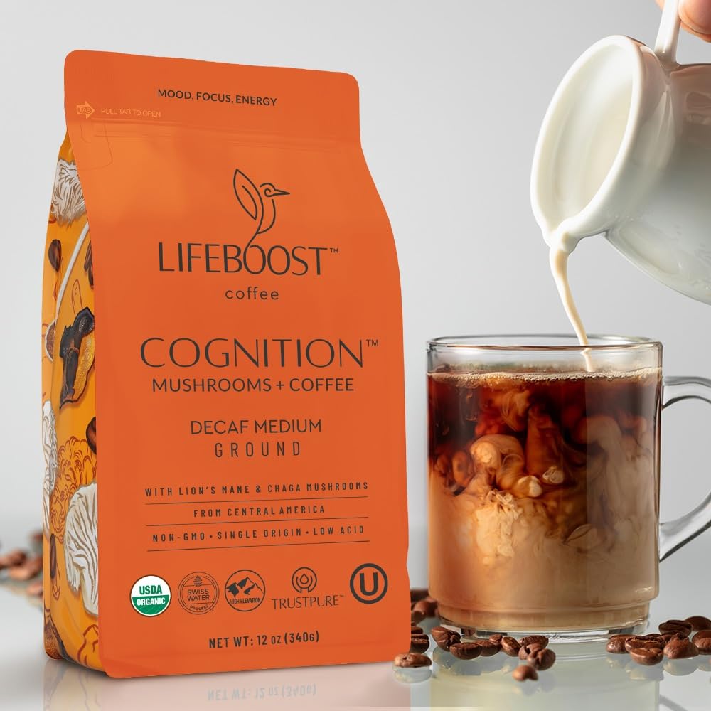 Lifeboost Cognition Decaf Focus Coffee for Calm Energy - Lion’s Mane Mushroom Coffee with Chaga - Organic Medium Roast Decaf Nootropic Coffee - Low Acid Adaptogenic Coffee - 12 oz Ground