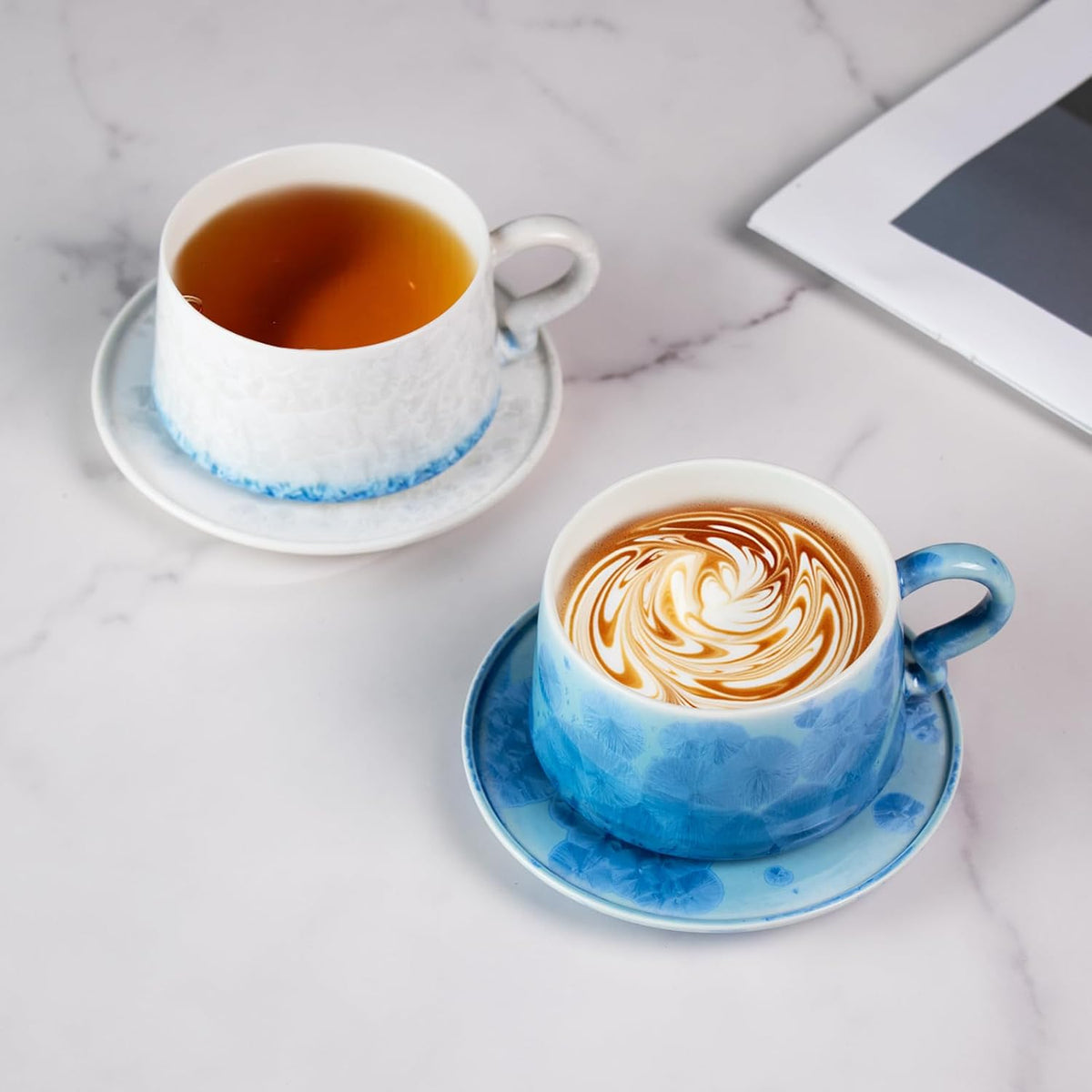 KAMMAK Tea Cups and Saucers set of 2, Porcelain Coffee Cups, 7.5oz Crystalline Glaze Espresso Mugs, Ceramic Demitasse for Coffee, Cappuccino, Latte, Americano, Tea (Dark Blue and White Blue)
