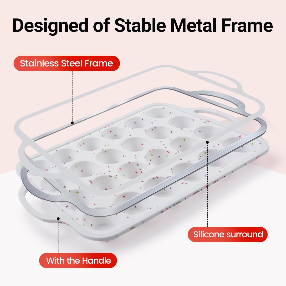 CAKETIME Mini Muffin Pan, Metal Reinforced Frame Mini Cupcake Pans 24 Cups Nonstick Muffin Silicone Molds with Handle for Baking Muffins, Cupcakes, Egg Bites 2 Pack