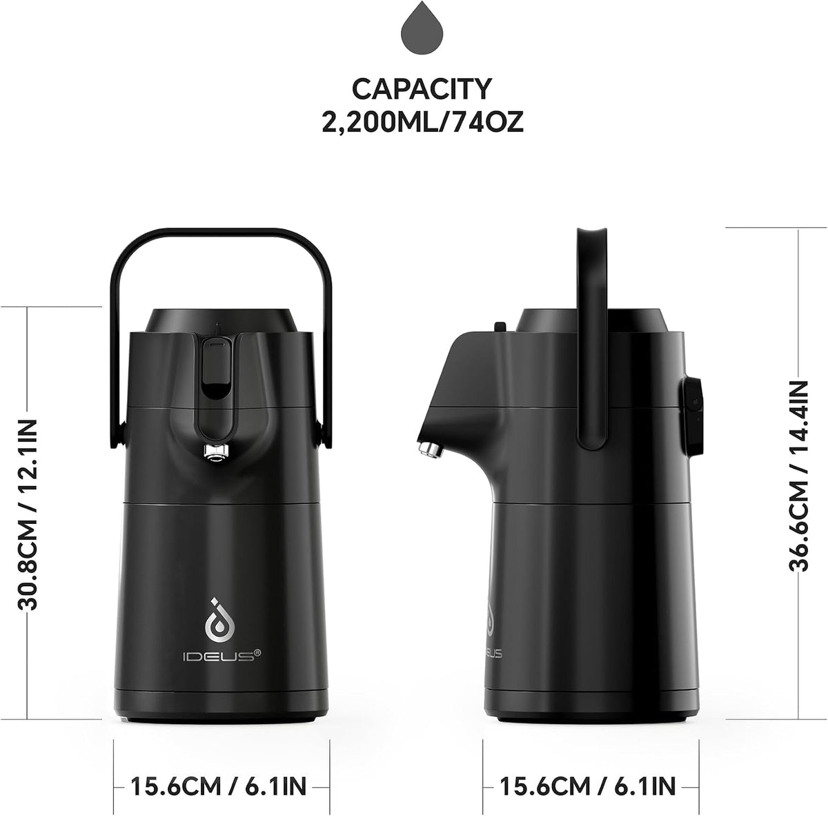 IDEUS Thermal Coffee Carafe 68oz, Airpot Beverage Dispenser Black | Stainless Steel Double Wall Vacuum Insulation Coffee Server, Coffee Carafe for Keeping Hot and Cold