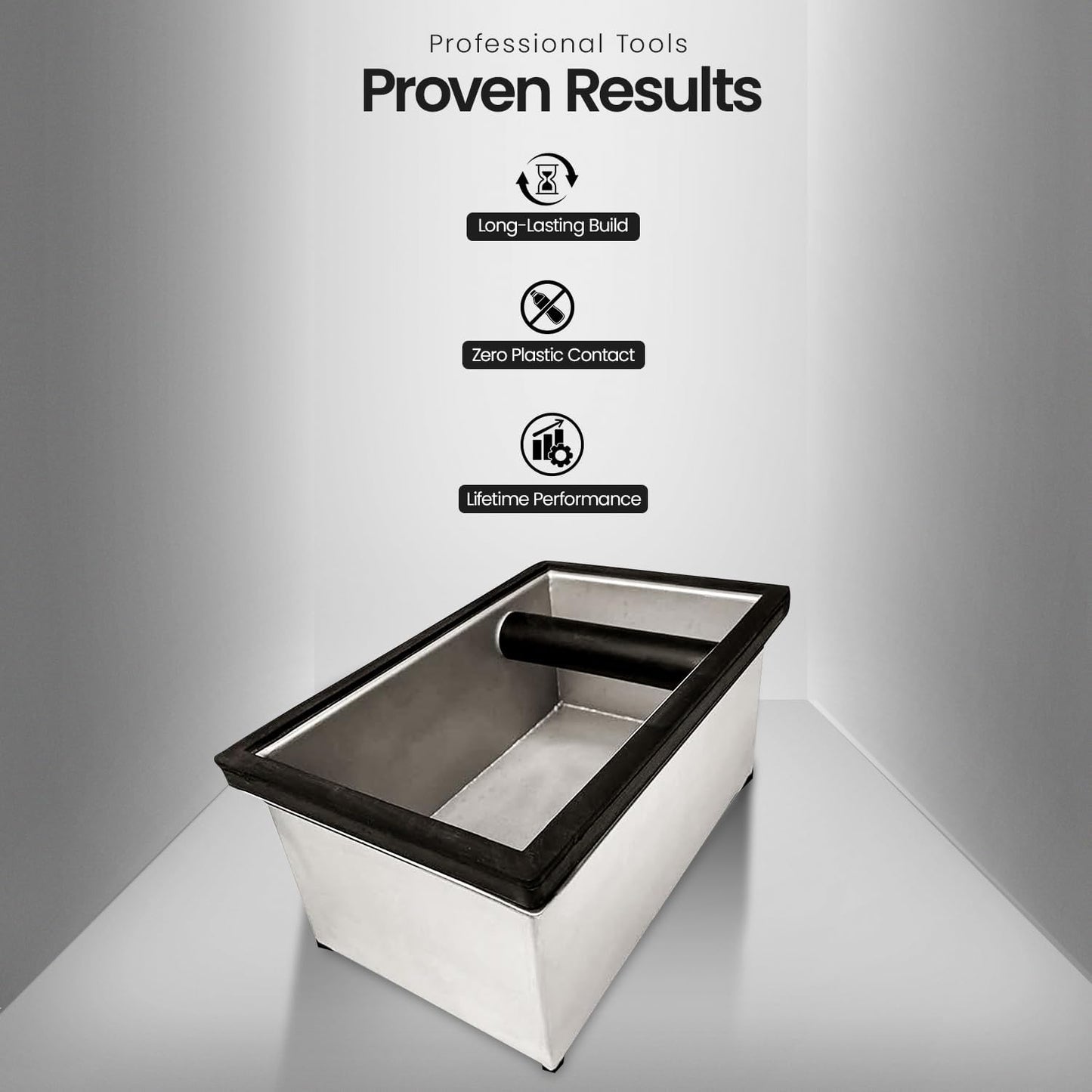 Rattleware Stainless Steel Heavy-Duty Knock Box Chute – Durable Espresso Puck Disposal Bin with Welded Rubber Bar – Fits Coffee Stations, Café, Restaurant, Hotel, or Home Use (9.25"x5.5"x4")