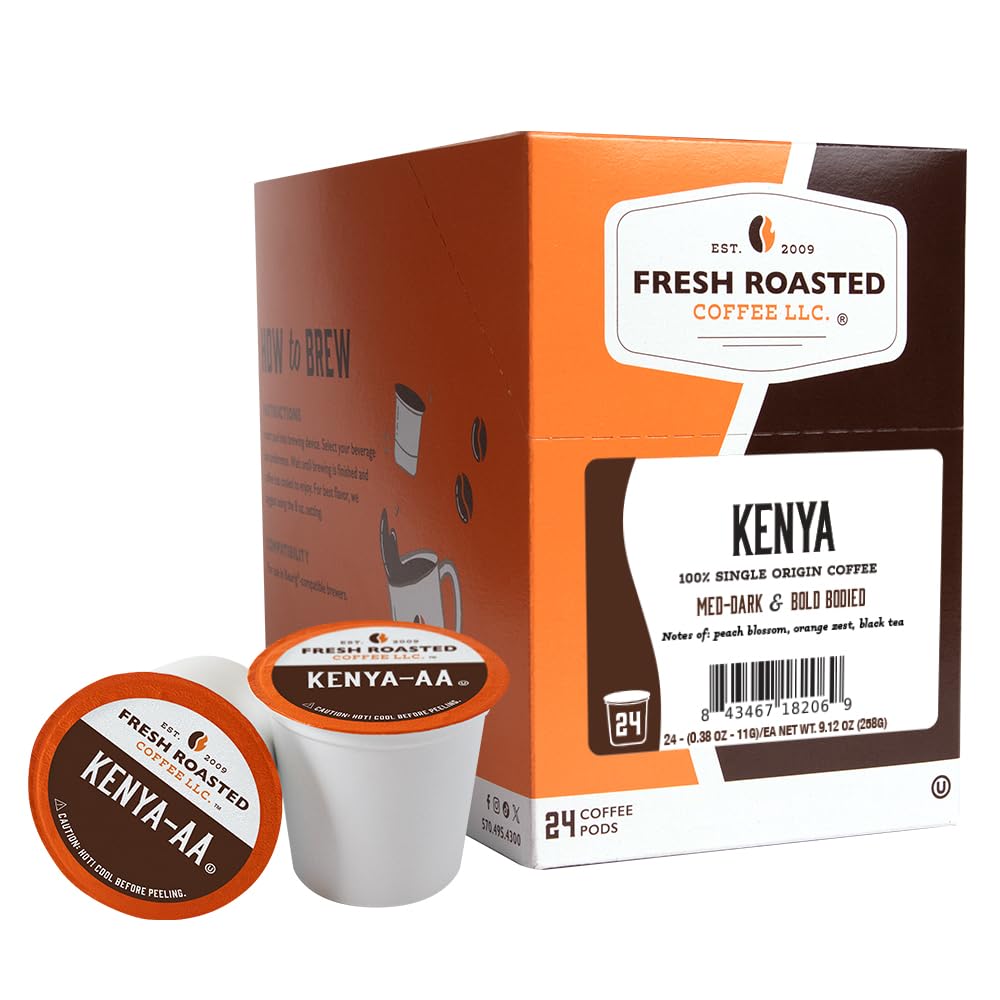 Fresh Roasted Coffee, Kenya K-Cup Pods for Keurig Brewers, Med-Dark Roast, Kosher, 24 Count (Pack of 1)