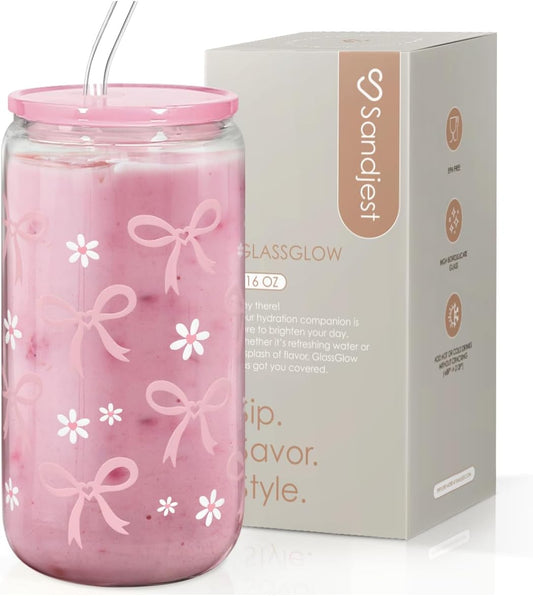 SANDJEST Bow Glass Can, Bows Cup with Lid & Straw, Iced Coffee Aesthetic Cups, Idea Gift for Christmas Birthday Mother Day,
