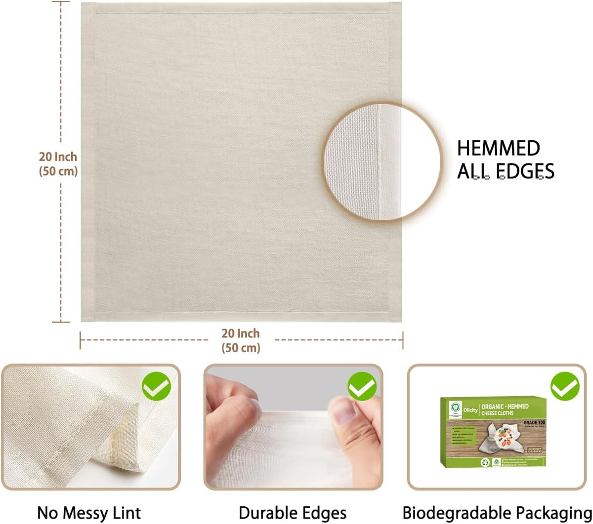 Organic Cheesecloth Bulk,GOTS Certified,10Pack, 20x20” Hemmed Cheese Cloths