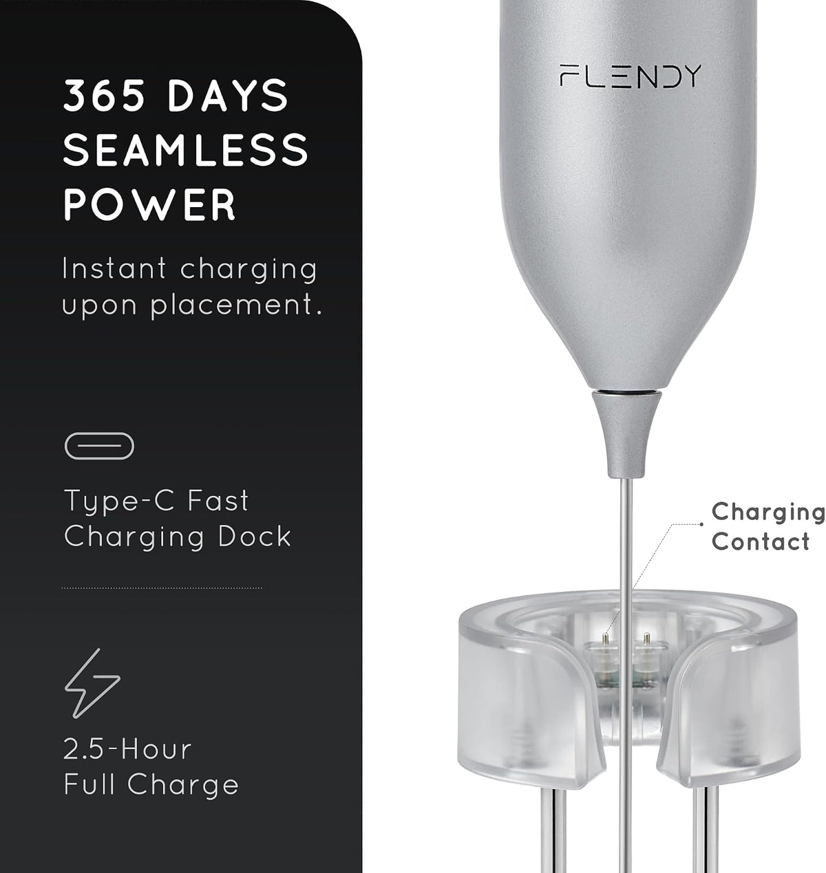 Flendy Rechargeable Milk Frother Handheld with Charging Stand