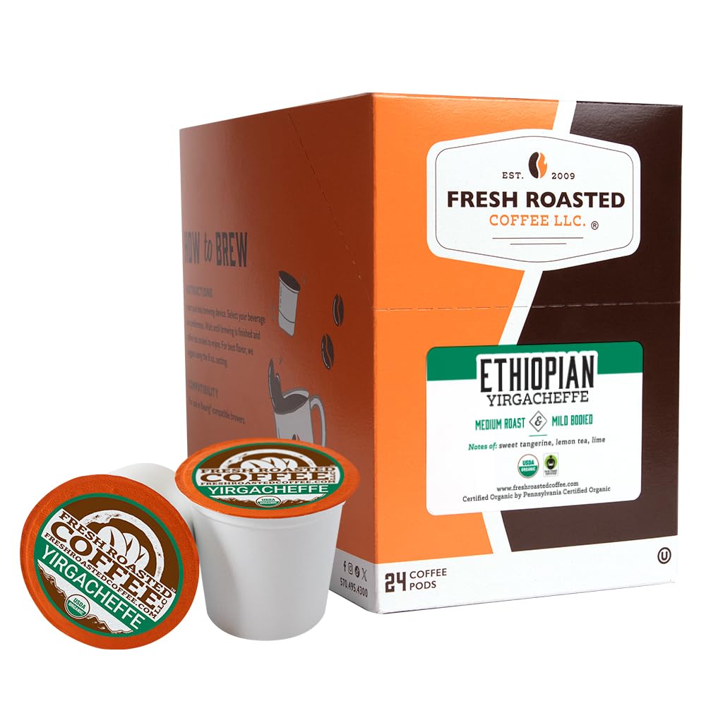 Fresh Roasted Coffee, Organic Ethiopian Yirgacheffe | USDA Organic, Mold & Myco 3rd Party Tested, Kosher | 24 Pods for K Cup Brewers