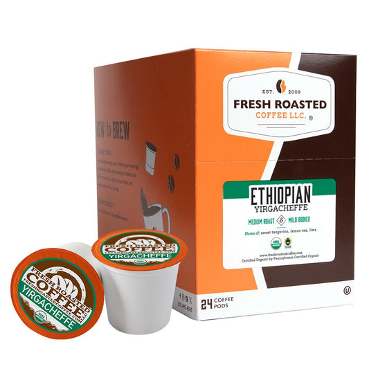 Fresh Roasted Coffee, Organic Ethiopian Yirgacheffe | USDA Organic, Mold & Myco 3rd Party Tested, Kosher | 24 Pods for K Cup Brewers