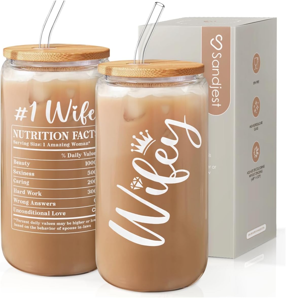 SANDJEST Wife Glass Can, Wifey Cup with Lid &amp; Straw, Iced Coffee Aesthetic Cups, Idea Gift for Christmas Marriage Birthday Anniversary Valentine, Gifts for Women, 16oz