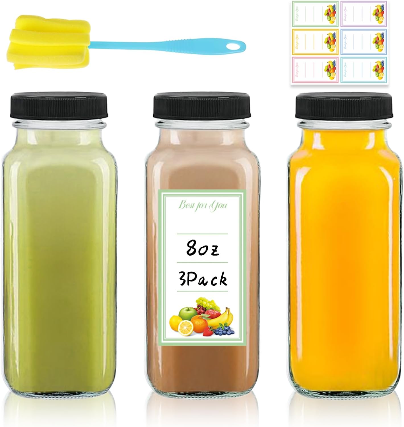 3 Pack 8oz Glass Juice Bottles with Lids, 250ml Reusable Glass Juicing Bottles, Square Drinking Jars