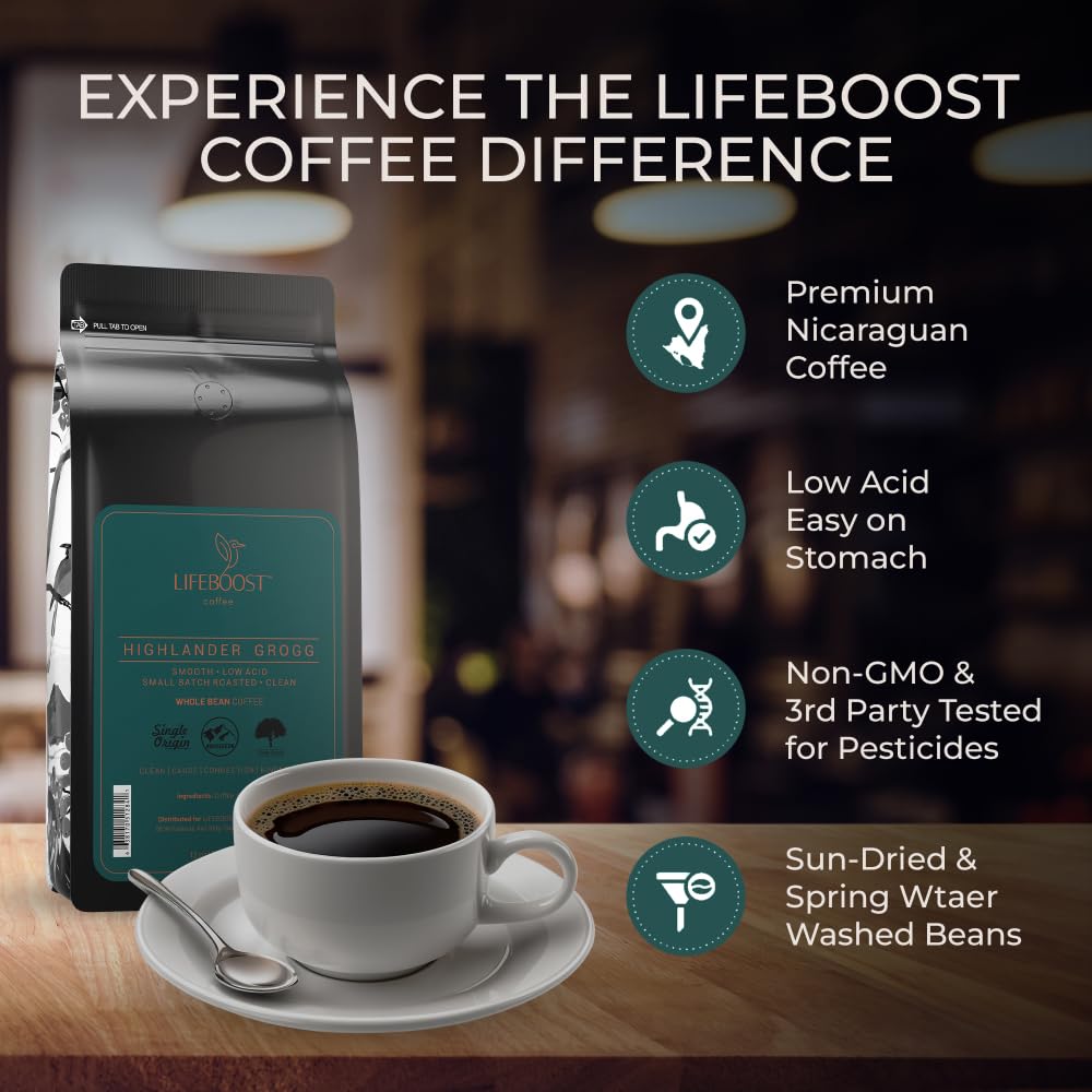 Lifeboost Highlander Grogg Whole Bean Coffee - Non-GMO Low Acid Single Origin Flavored Coffee Beans - Third Party Tested For Mycotoxins &amp; Pesticides - 12 Ounces