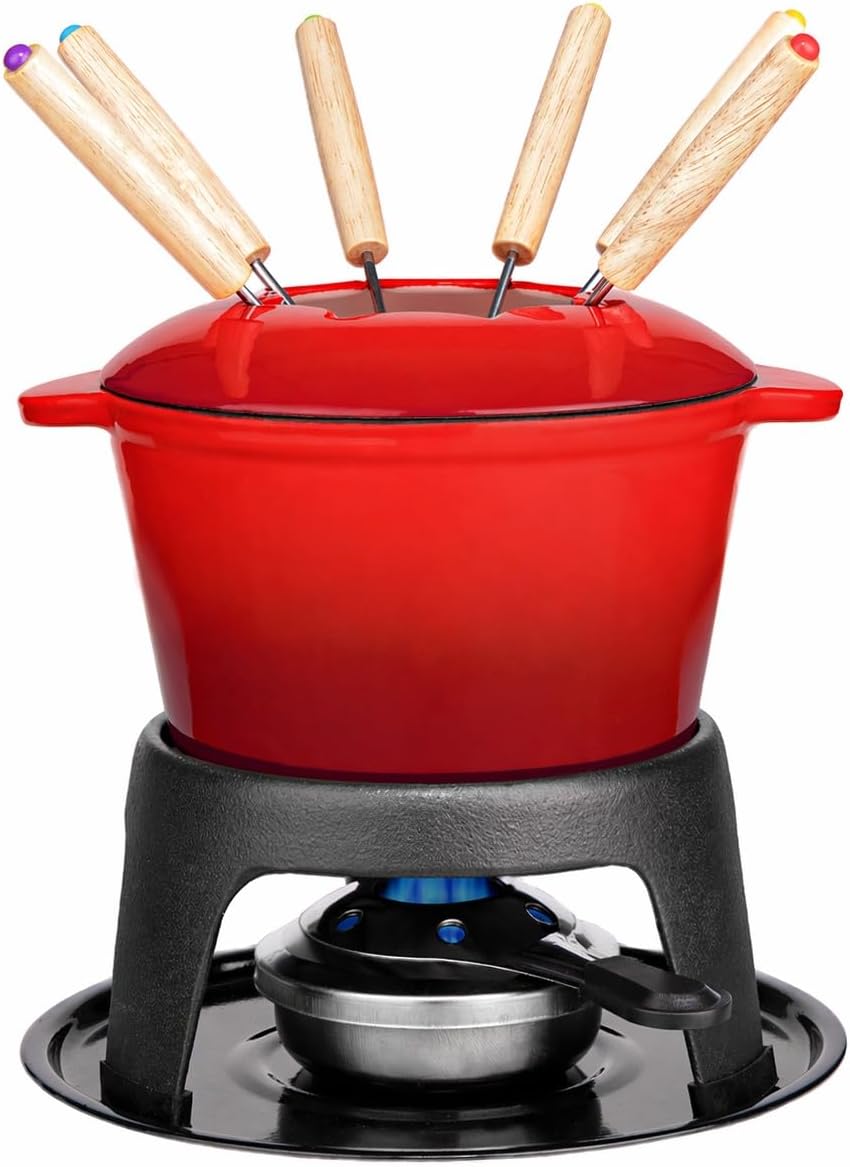 Mabeeze Cast Iron Fondue Pot Set for Cheese, Chocolate or Meat - Red Enameled 1.6 Qt Pot - Includes 6 Fondue Forks