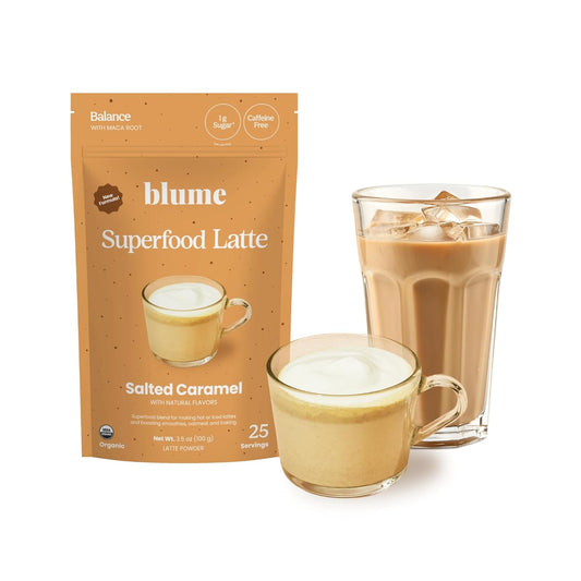Blume Superfoods Latte - Salted Caramel Powder, Dandelion Root powder, Maca Powder, Pink Himalayan Salt, Low-Sugar,